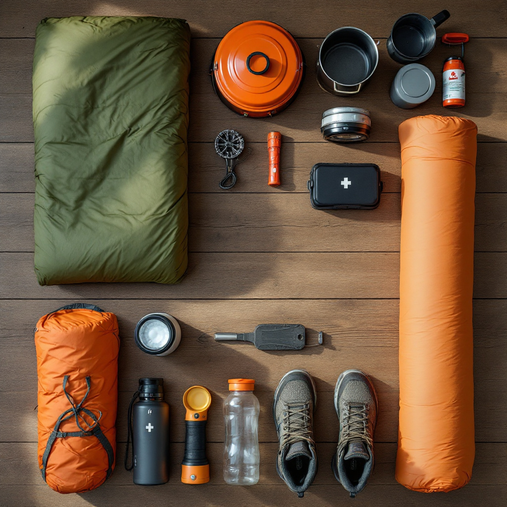 Camping Packliste erste Mal zelten mit Zelt, Schlafsack, Kocher und Ausrüstung übersichtlich angeordnet