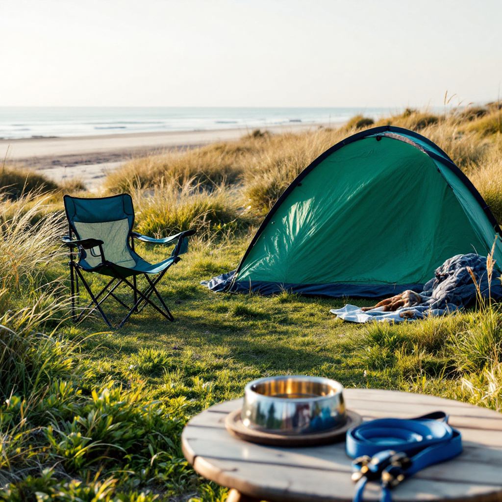 Campingplatz Ostsee mit Hund mit Zelt, Leine und Wassernapf am Küstenstellplatz