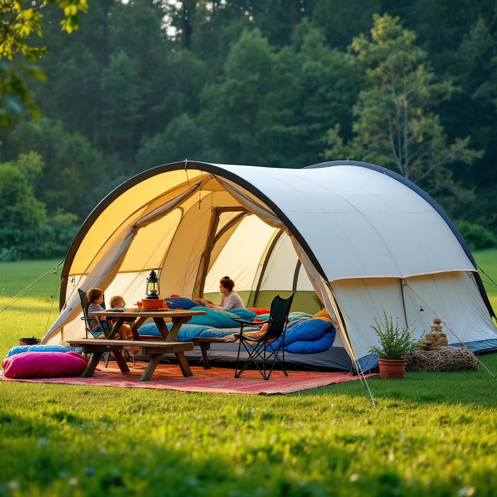 Welches Zelt für Familie kaufen: großes Familientunnelzelt auf grüner Campingwiese