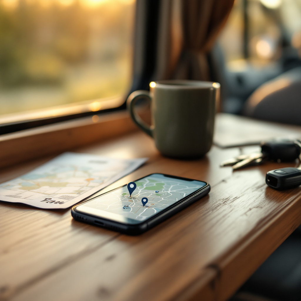 Smartphone mit App um Wohnmobil Stellplatz kostenlos zu finden auf Campertisch