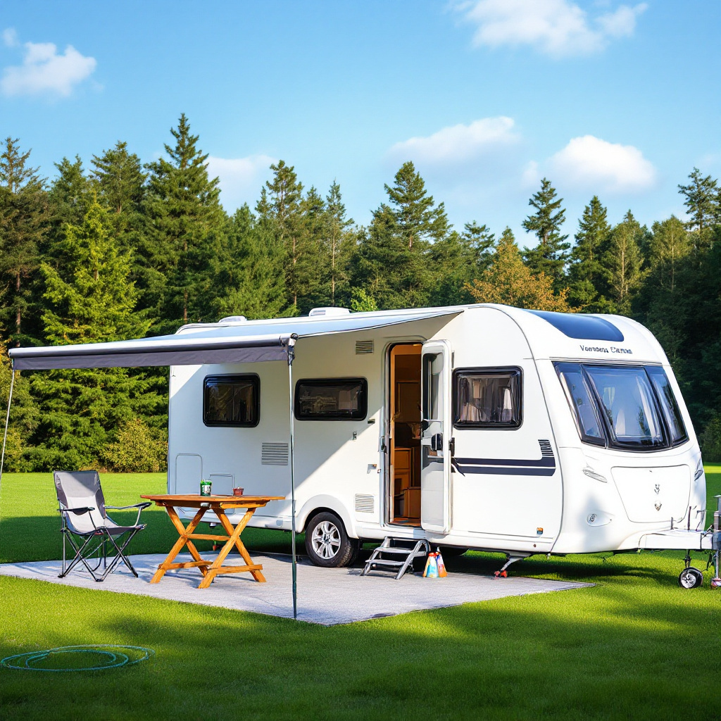 Wohnwagen für Anfänger worauf achten – weißer Wohnwagen mit Vorzelt auf grünem Campingplatz