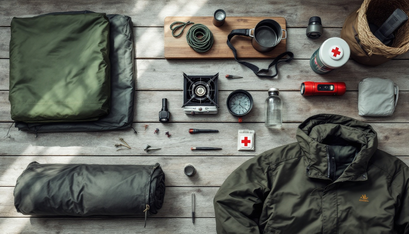 Packliste campen Zelt: Zeltausrüstung mit Heringen, Isomatte, Kocher und Stirnlampe auf Holztisch